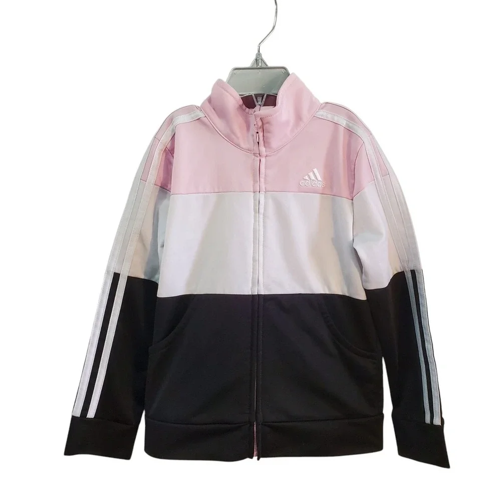 Adidas Girl's Track Jacket Full Zip Color Block‎ Pink White Black Stripes Size 6